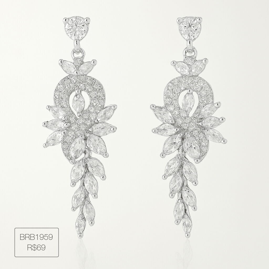 Brinco Festa Meio Coração Pendurado Navetes Cristal Prateado